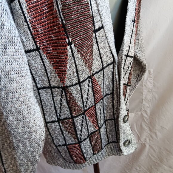 Vintage Men's Cardigan Sweater Large 1990's Ugly Geometric Silver Rayon/Cotton - Picture 6 of 9